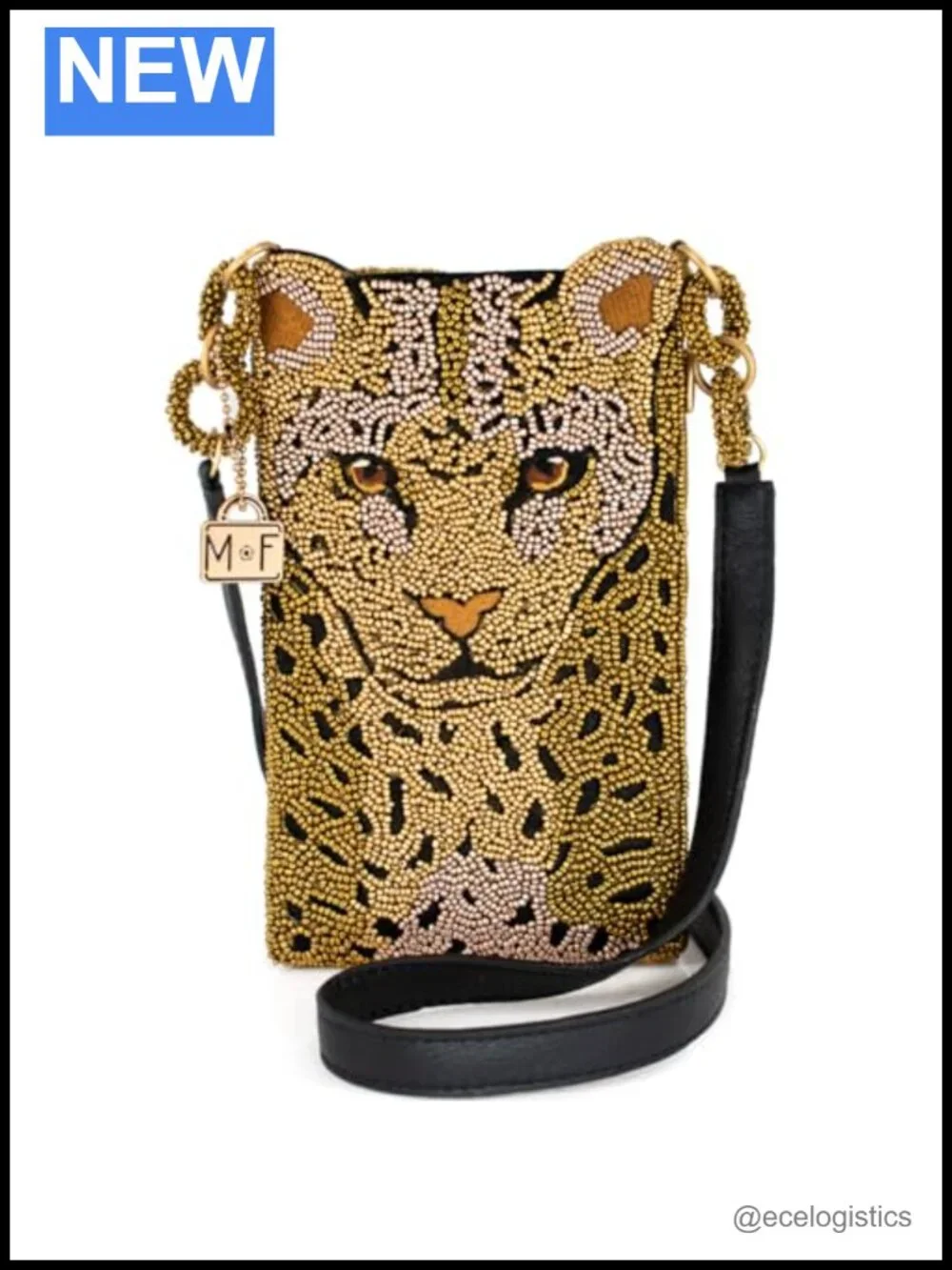 Beaded Leopard Crossbody Cell Phone Bag with Zipper Pocket, Leather Strap